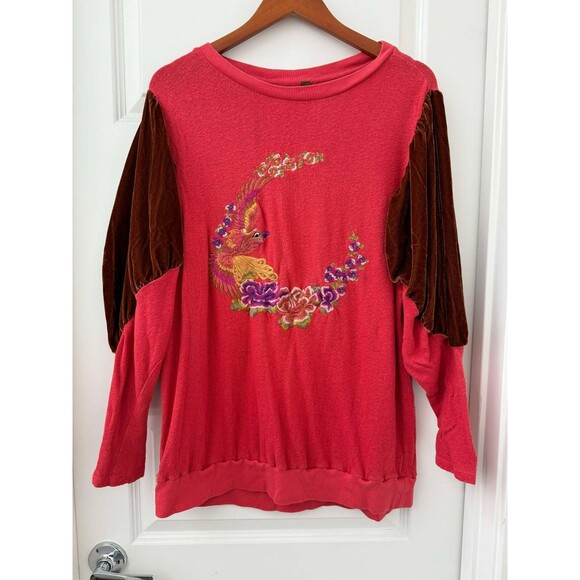 Free People Women's Embroidered Floral Velvet Oversized Red Sweater sz. Small - Picture 2 of 6